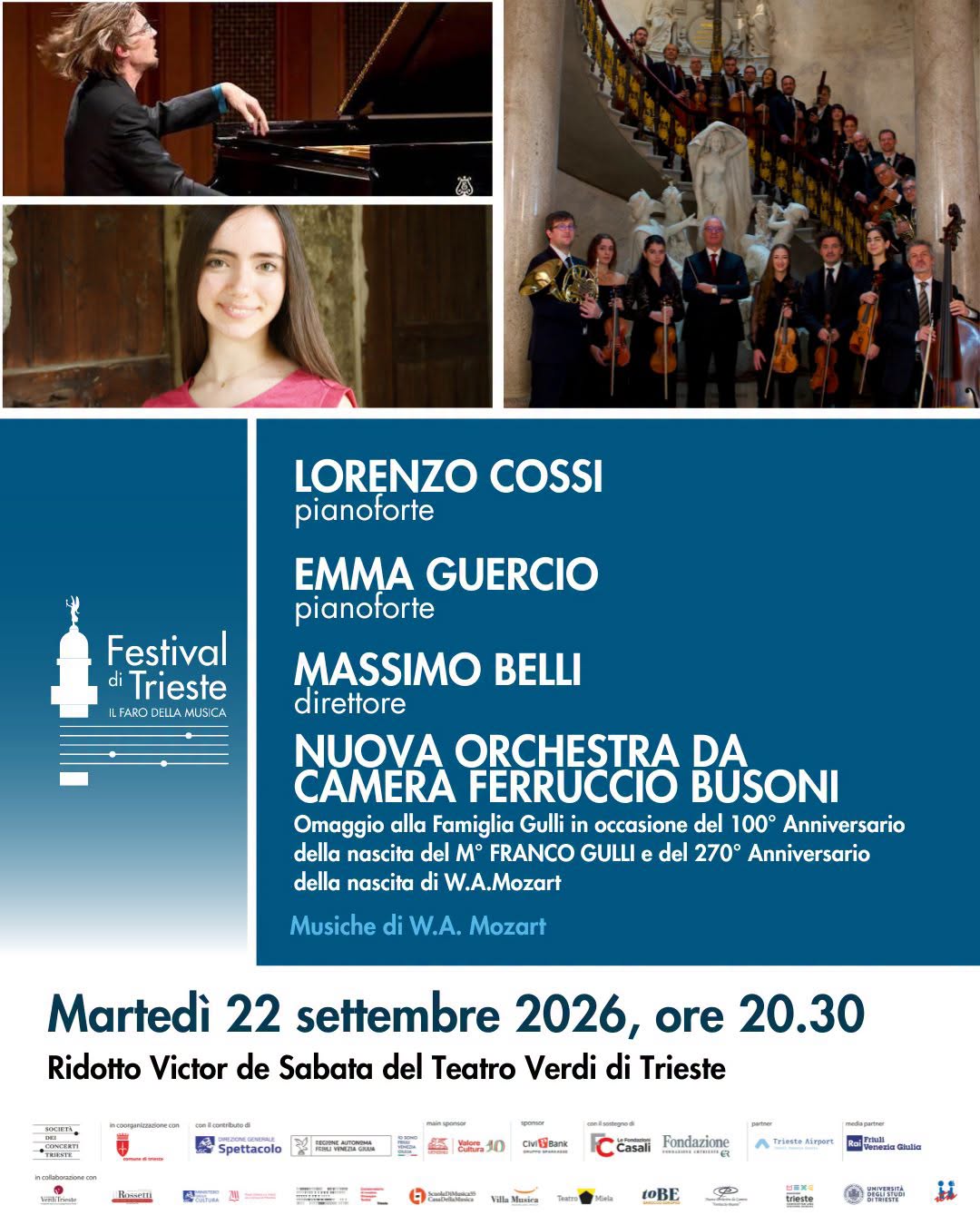 Locandina di Omaggio alla Famiglia Gulli: 100° anniversario della nascita di Franco Gulli e 270° di W.A. Mozart