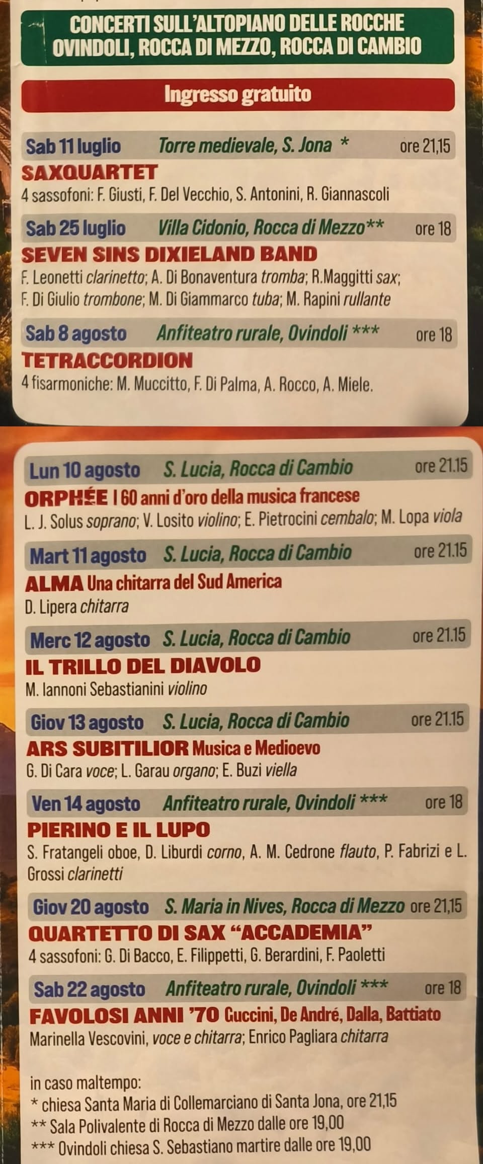 Locandina di Concerti sull'Altopiano delle Rocche